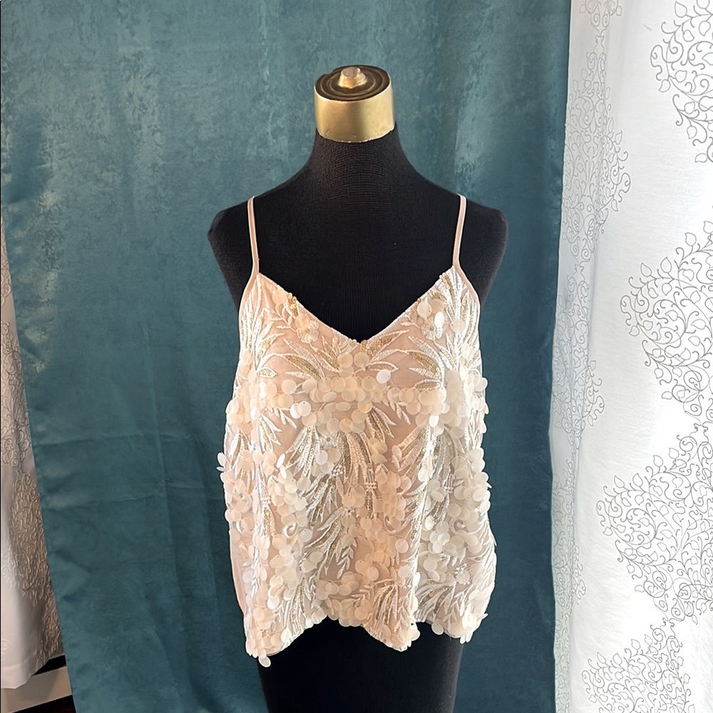 Champagne colored evening to with gold sequin and iridescent disc details.